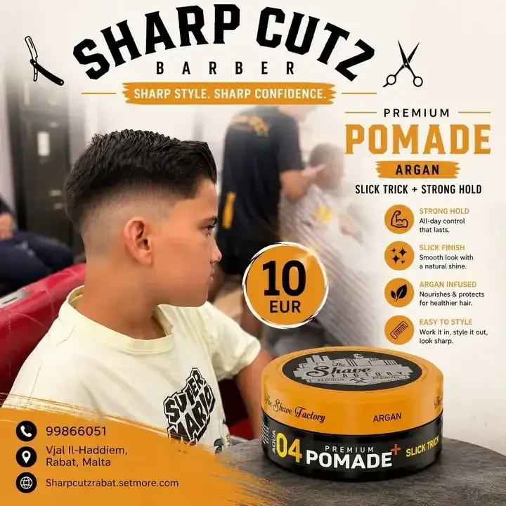 Sharp Cutz public post showing The Shave Factory Premium Pomade Argan at 10 euro